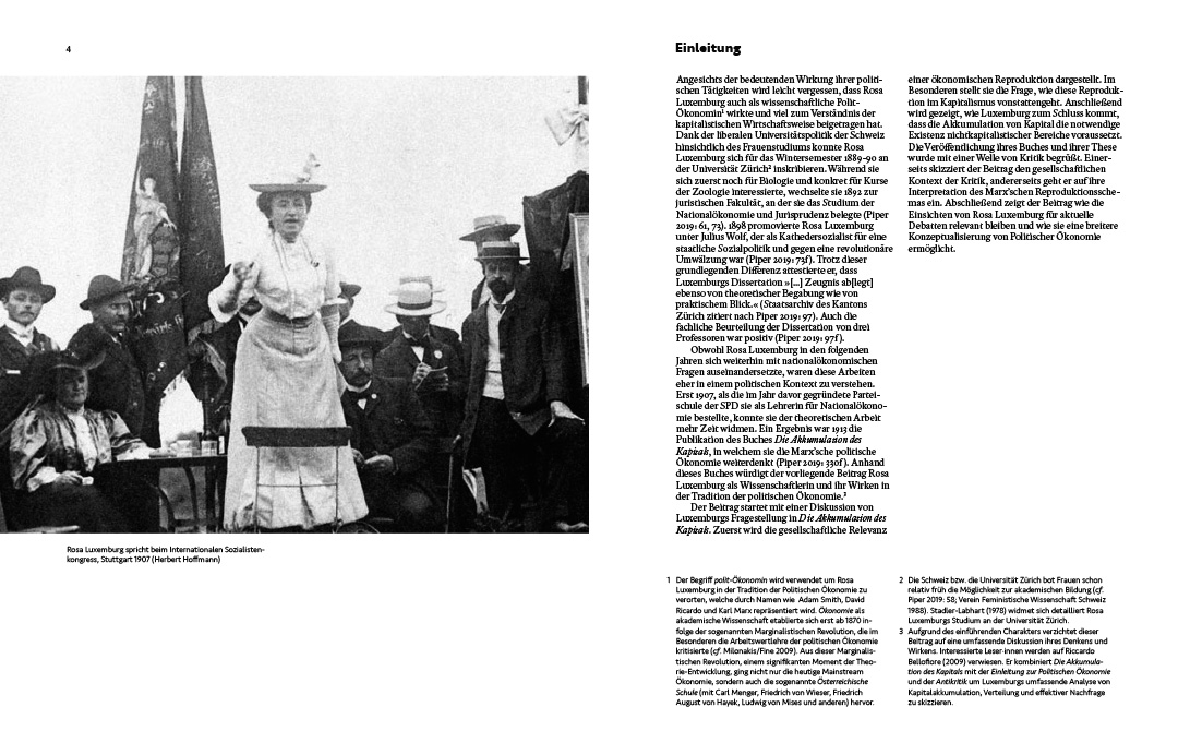An image showing one spread of a brochure on Rosa Luxemburg by Koen Smet. The spread clearly shows the design and the use of type area. It includes an image of Rosa Luxemburg, an image legend, text, title and footnotes.