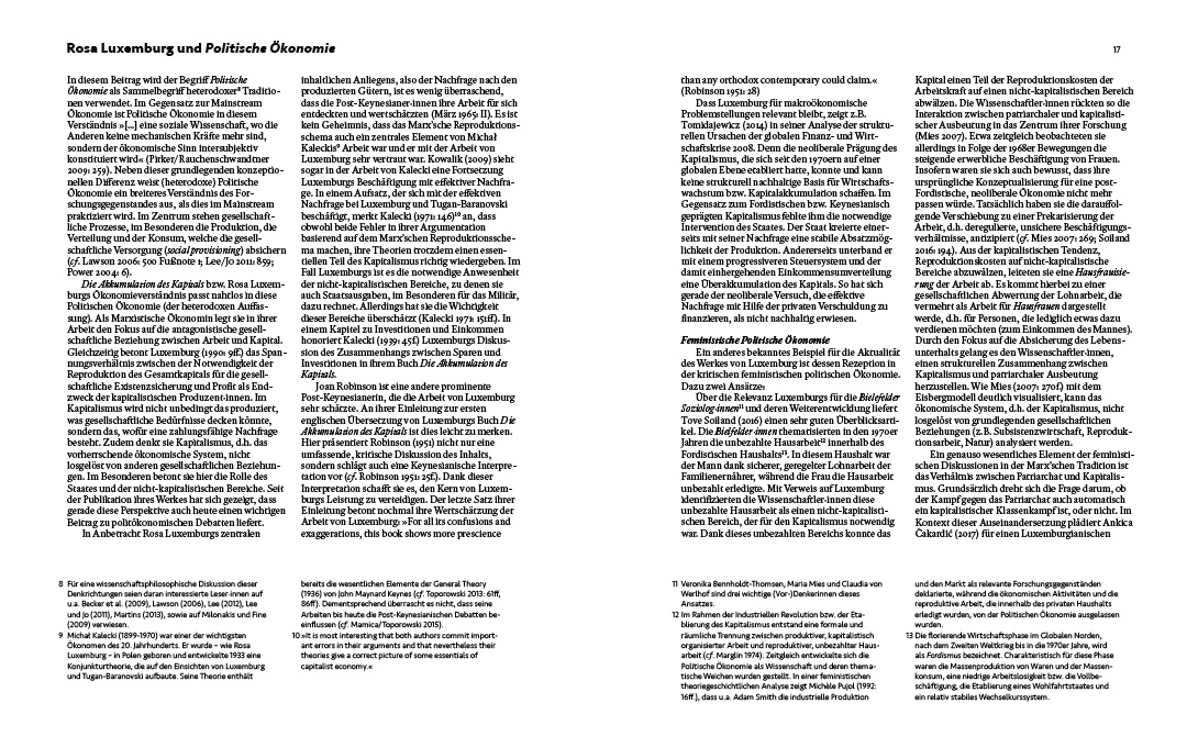 An image showing one spread of a brochure on Rosa Luxemburg by Koen Smet. The spread clearly shows the design and the use of type area. It includes only text and footnotes.