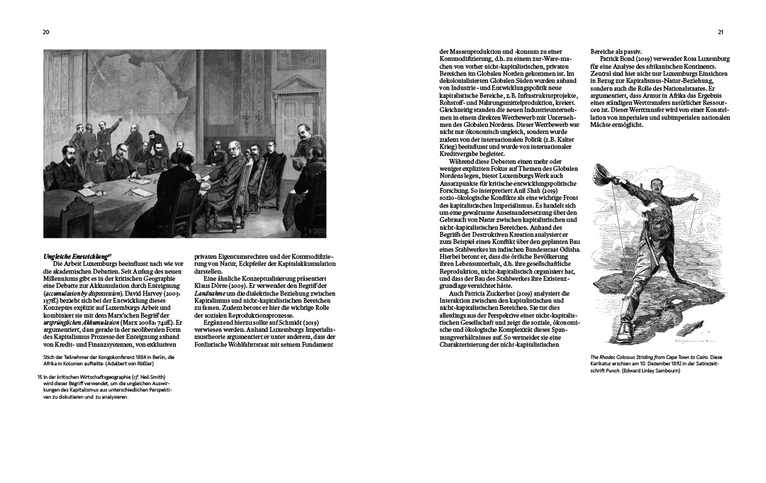 An image showing one spread of a brochure on Rosa Luxemburg by Koen Smet. The spread clearly shows the design and the use of type area. It includes two images, image legends, text, title and footnotes.